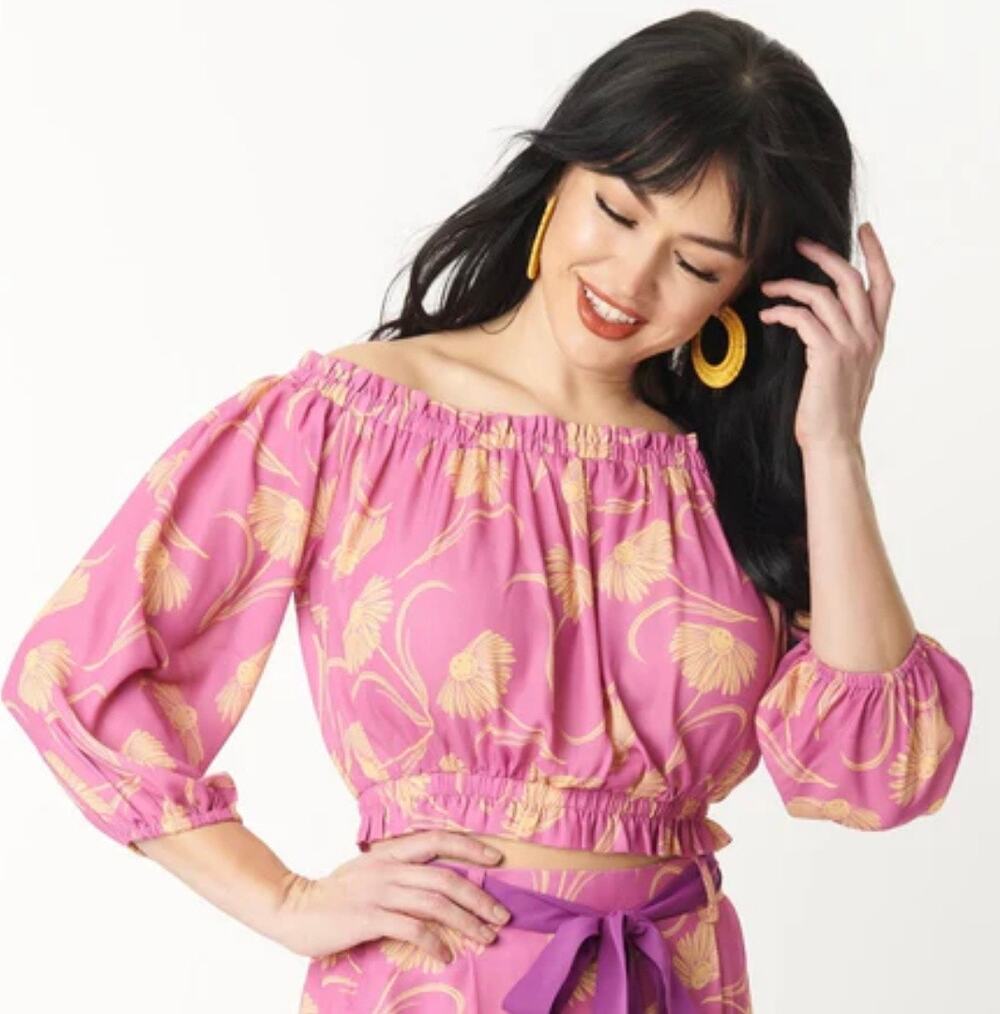 Unique Vintage Pink Smiley Off The Shoulder Crop Blouse 1X NWOT